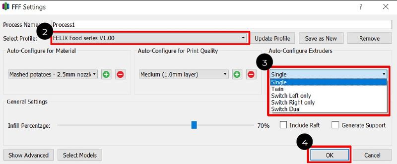 Selecting the appropriate FELIX printing profile in Simplify3D software.