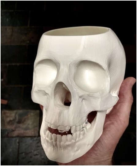 A white model skull printed on the Creality CR-6 MAX 3D printer