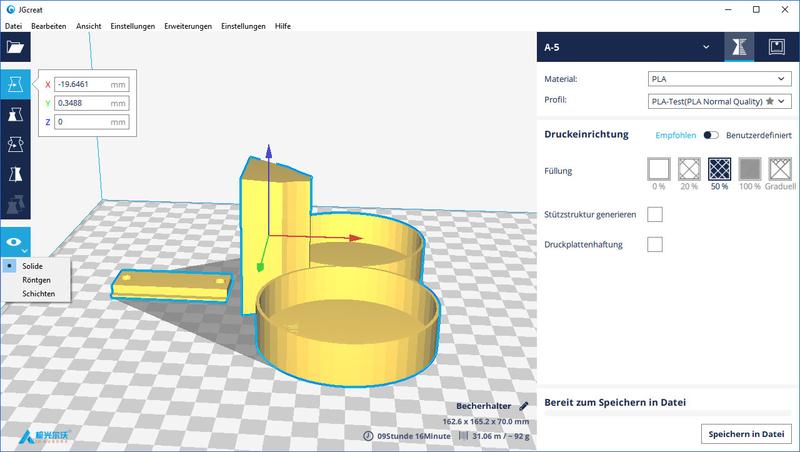 The printer comes with a slicing software stored in the provided SD card, JGCreat. It is a multi-lingual, rebadged version of Cura and runs on Windows, Linux, and Mac OS. It works with 3D models in STL and G-Code.
