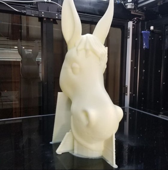 a white model head donkey printed on the Massivit 1800 Pro 3D printer