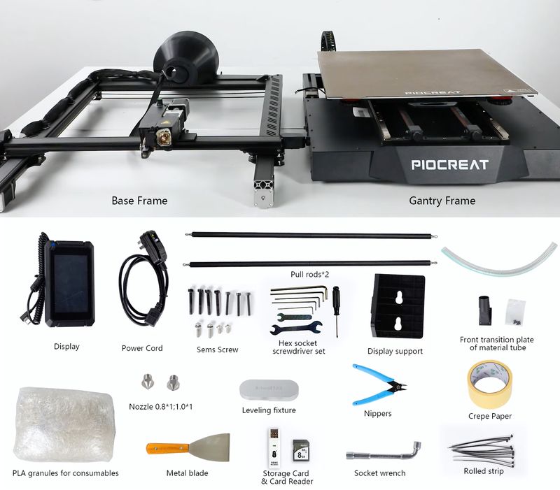 The contents of the Piocreat G5 PRO 3D printer supply package.