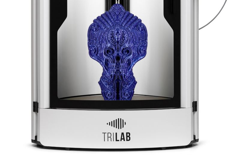 a blue model printed on the TRILAB AzteQ Industrial 3D Printer