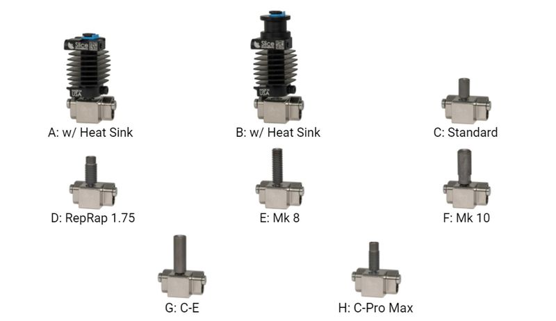 Various types of the Copperhead hotend by Slice Engineering.