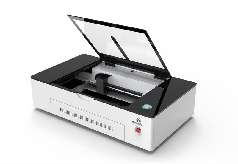 The Gweike Cloud Basic II 50W laser cutter and engraver in the open form.