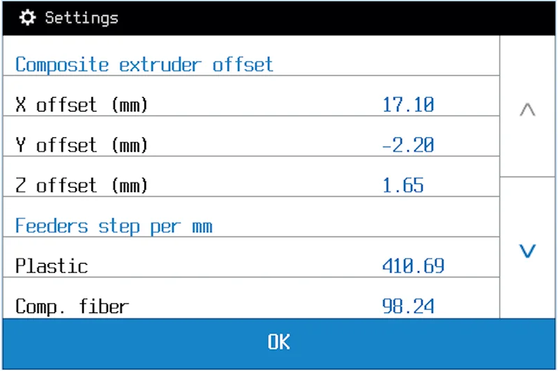 3D Printer settings display for Anisoprint Composer A3 showing composite extruder offsets and feeder steps for plastic and composite fiber.