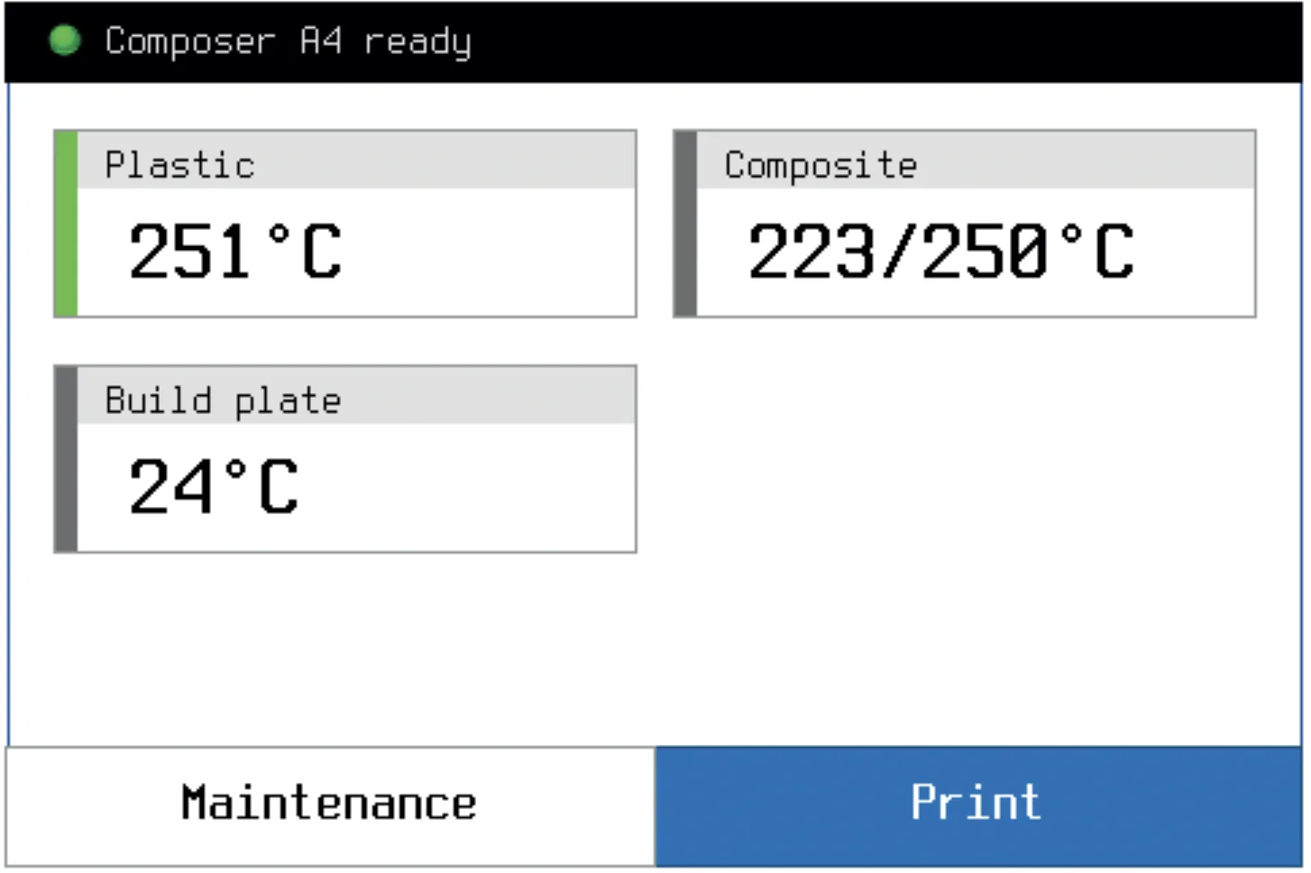 Anisoprint Composer A3 screen showing plastic at 251°C, composite at 223/250°C, build plate at 24°C, and options for maintenance and print.