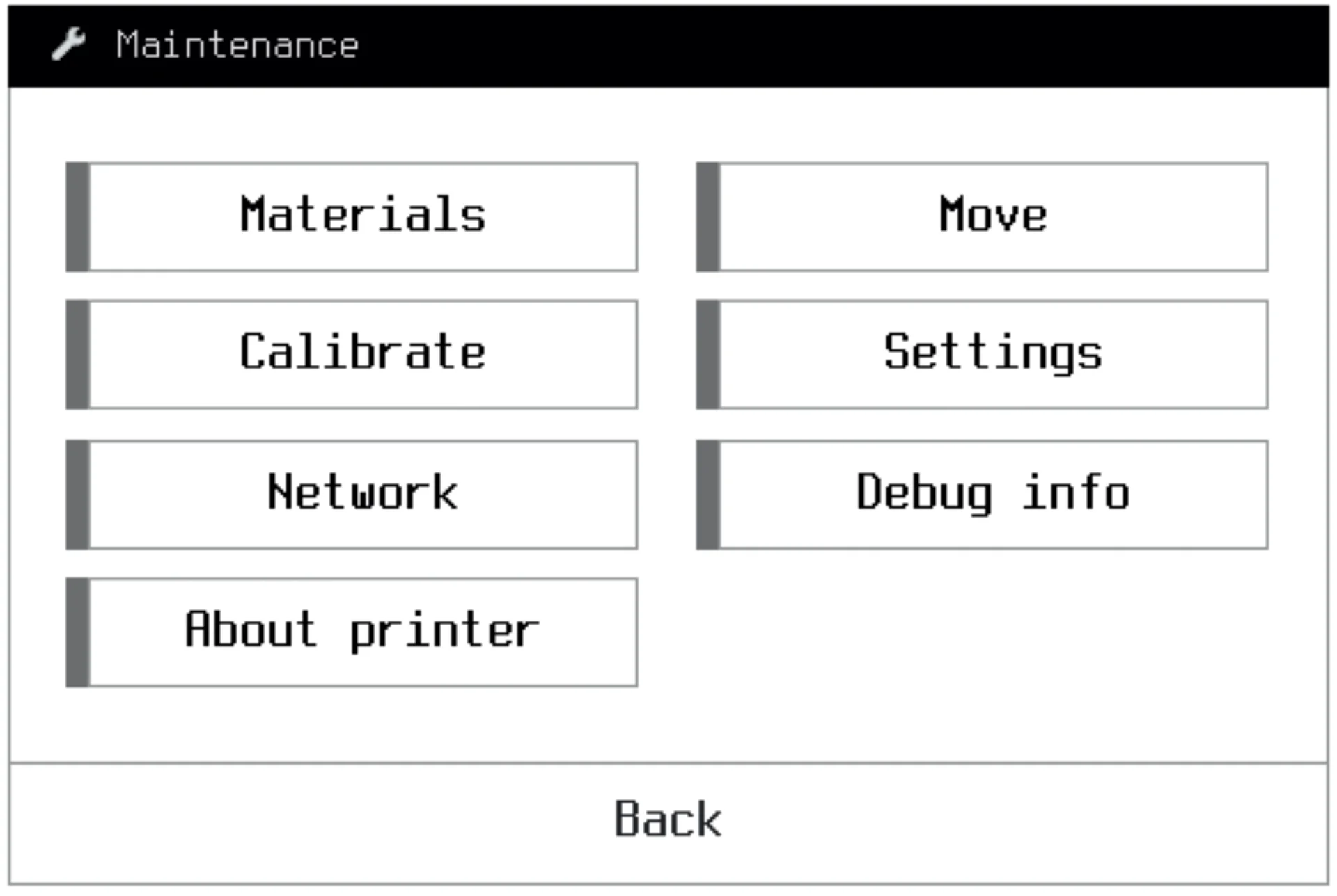 3D printer Anisoprint Composer A4 interface showing maintenance options: Materials, Calibrate, Network, Move, Settings, Debug info, and About printer.