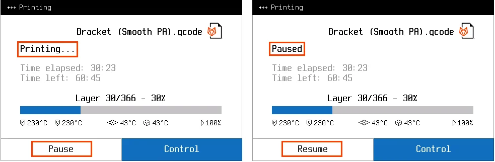 3D print interface of Anisoprint Composer A4 showing pause and resume options, temperature, time elapsed, and print layer progress for a printed bracket.