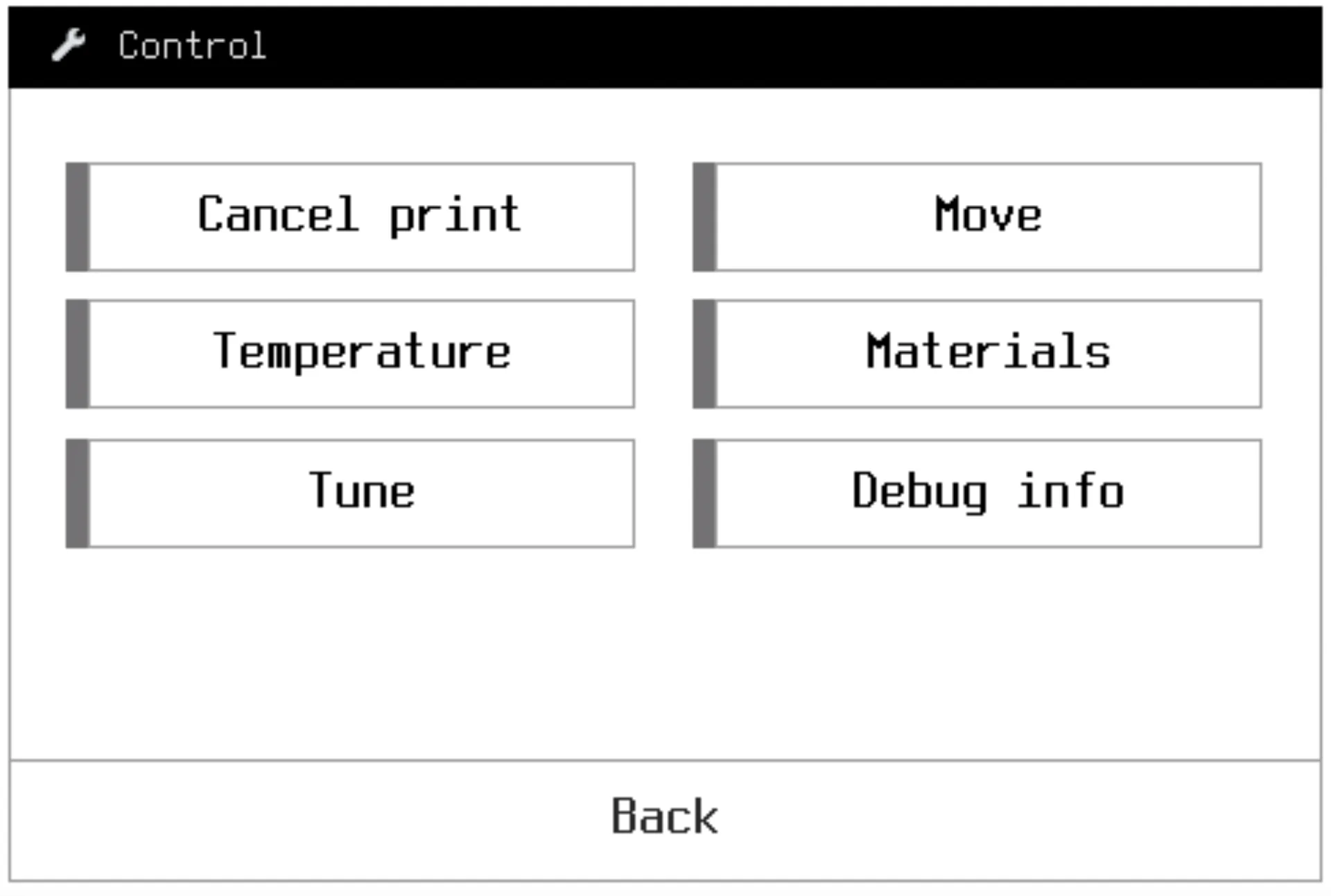 3D printer control interface for anisoprint composer a4 showing options for canceling print, moving, adjusting temperature, tuning, materials, and debug info.