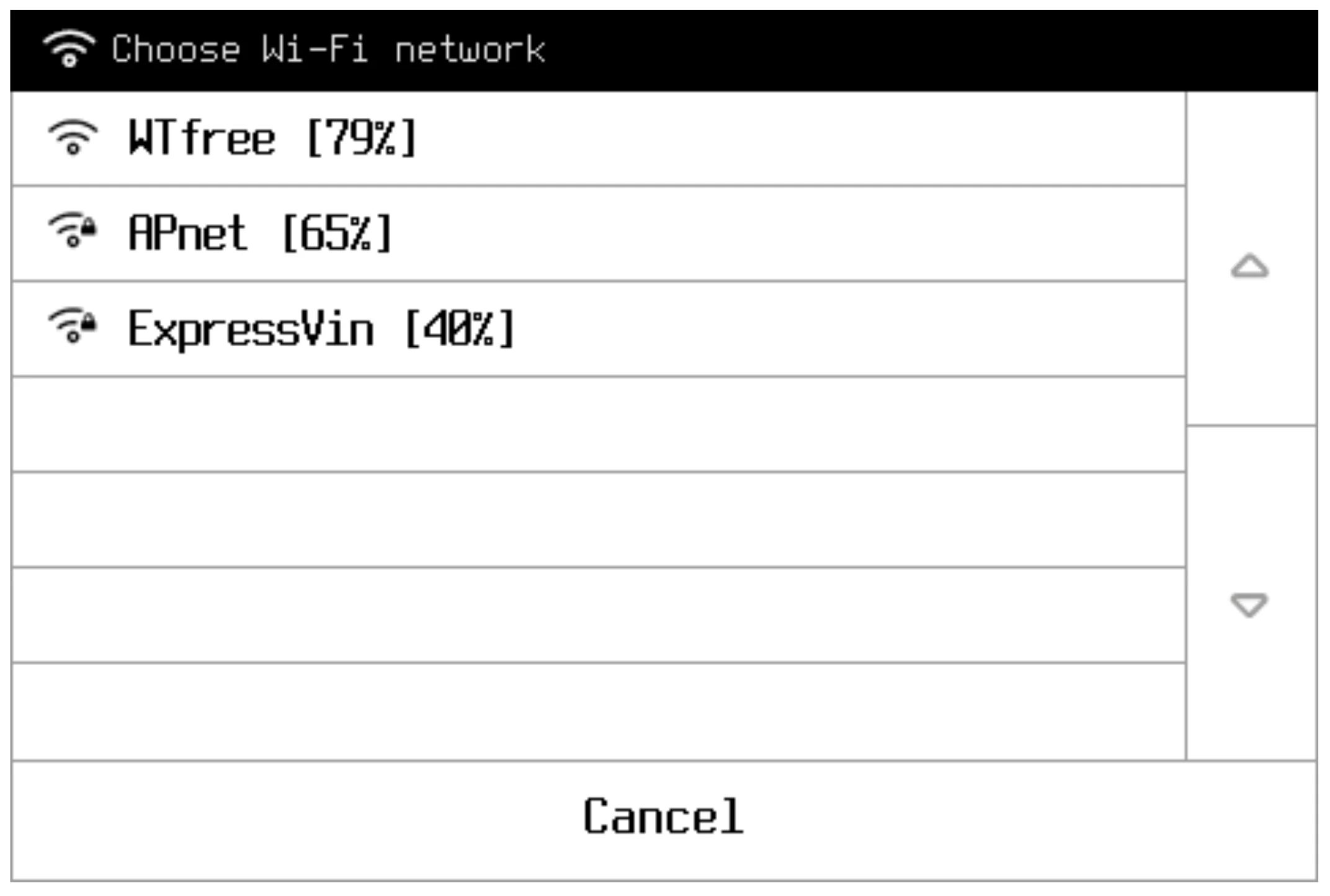 Wi-Fi network selection screen with three networks showing strengths: WTfree at 79%, APnet at 65%, and ExpressVin at 40%, with a cancel option.