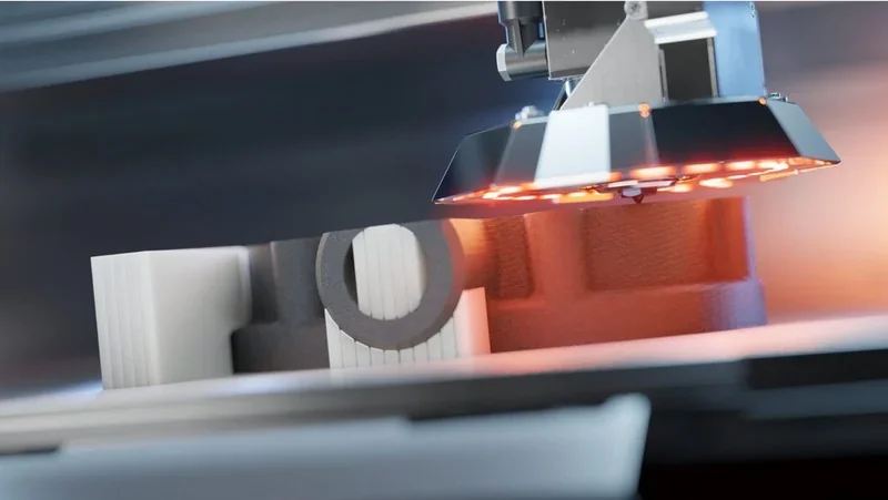 Apium P400 3D printer printing intricate parts with glowing nozzle, showcasing precision and advanced manufacturing technology.