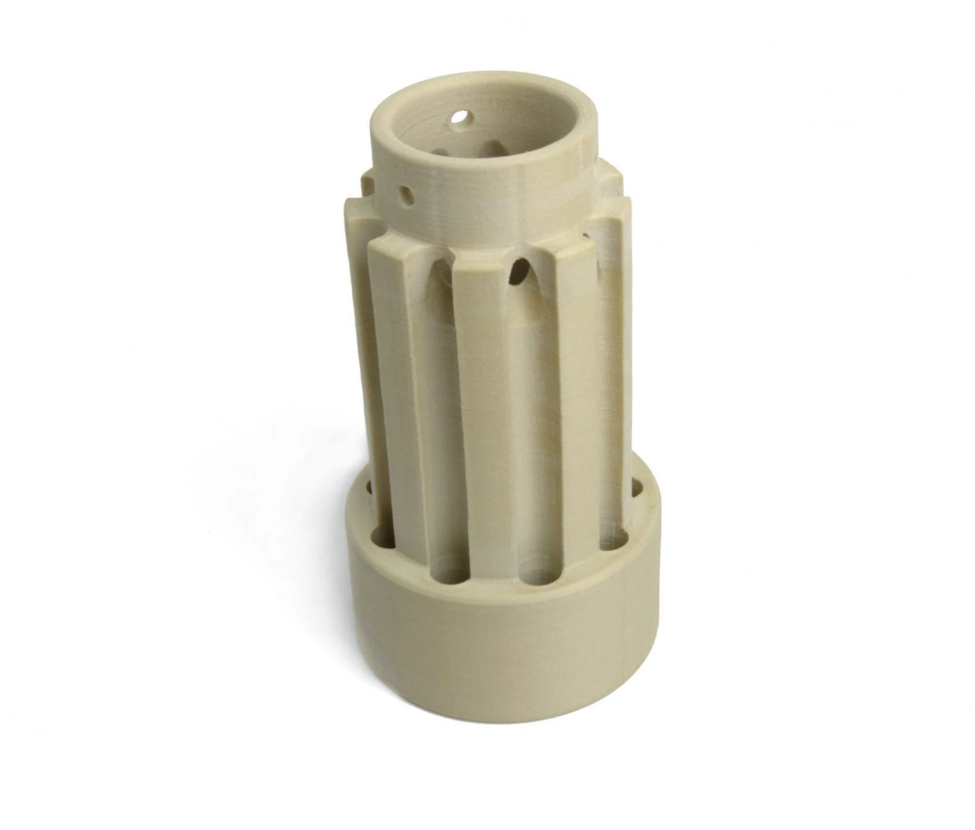 Beige cylindrical 3D-printed part with vertical grooves made by apium p400, showcasing design precision on a white background.