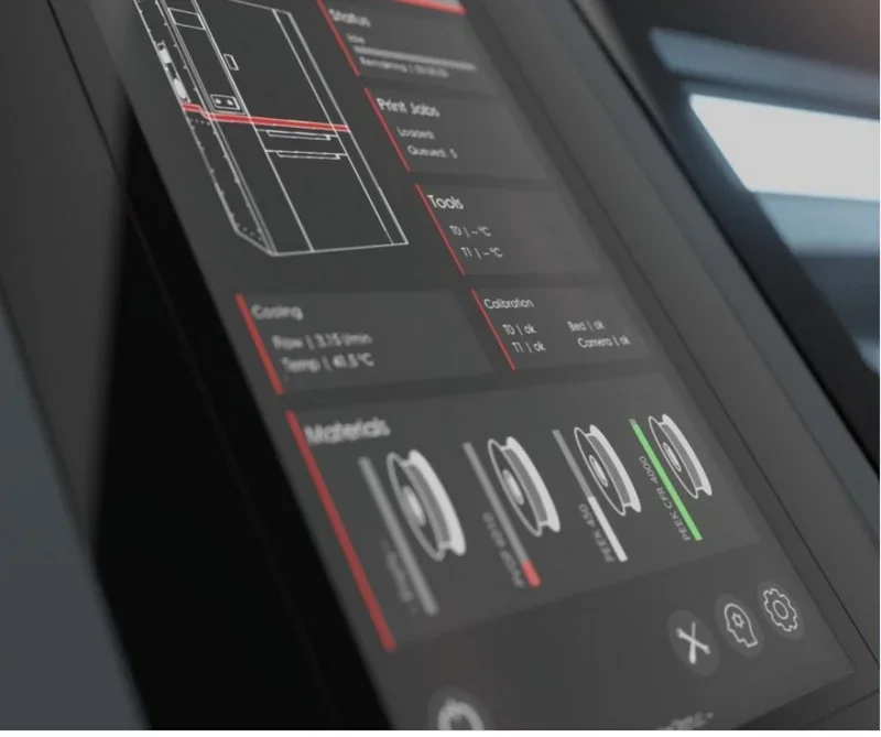 Touchscreen interface of Apium P400 3D printer showing settings, filament options, and a diagram of the printer.