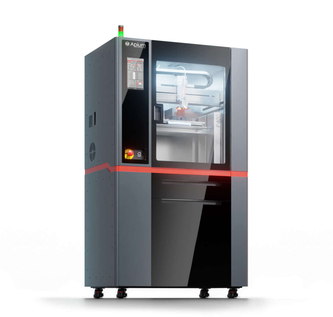 Apium P400 3D printer with a sleek design, featuring a control panel and viewing window, possibly crafting parts inside.