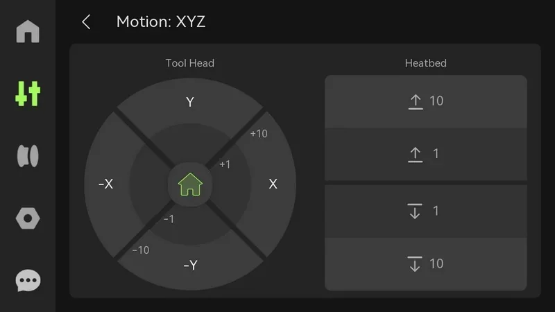 3D printer control interface for bambu h2d, displaying tool head and heatbed motion control with directional arrows and increment values.