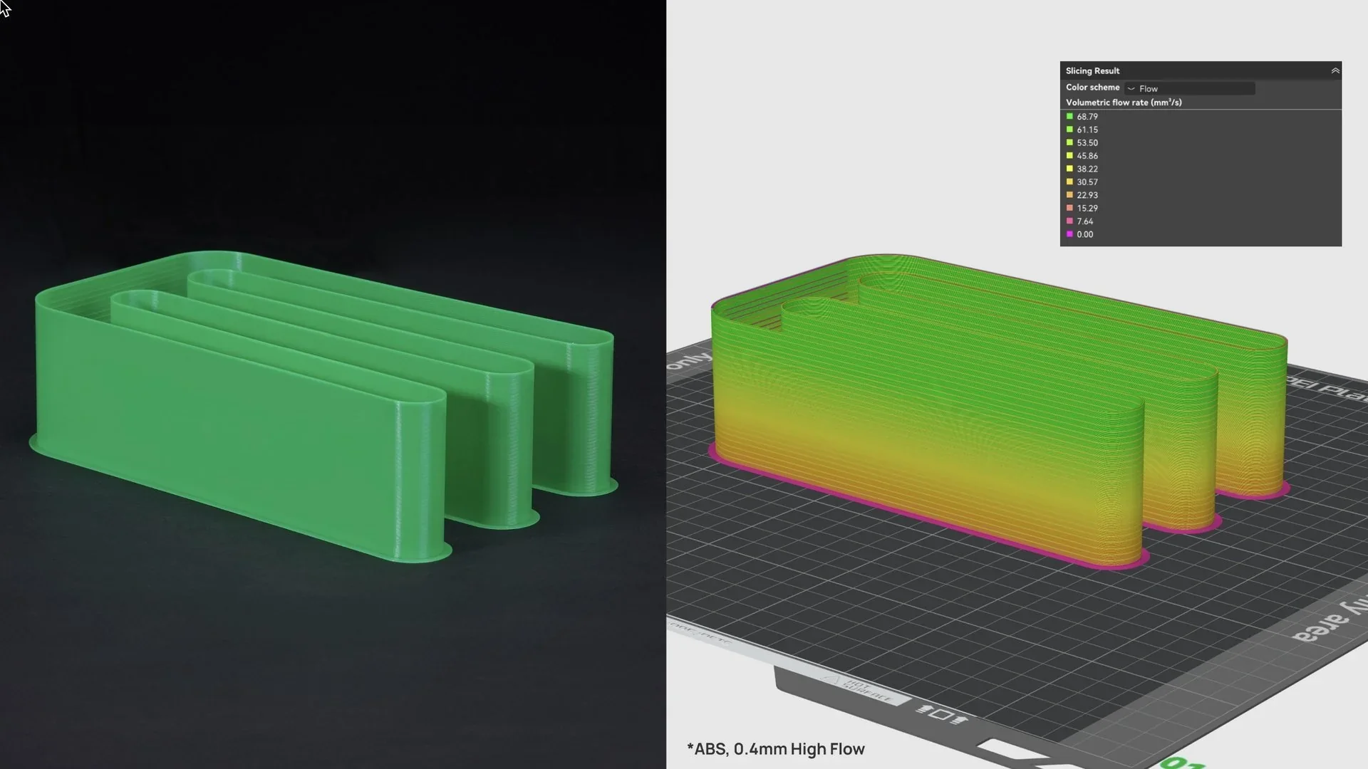 Bambu H2D 3D prints a green wavy model; right image shows slicer software with a multicolor flow rate diagram on a grid background.
