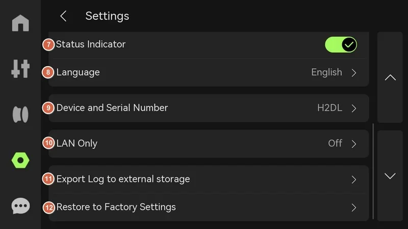 Settings menu for Bambu H2D 3D printer with options for status, language, device number, LAN, external log export, and factory reset.