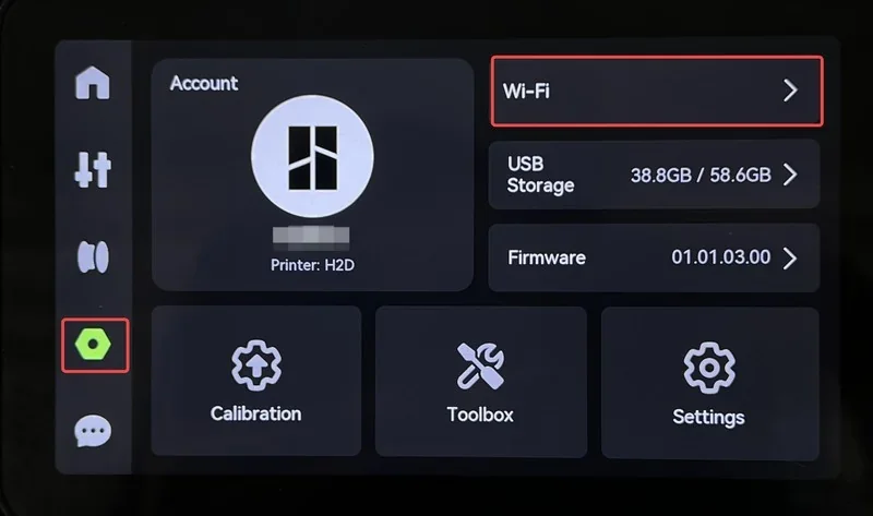 Bambu H2D 3D printer interface showing account, Wi-Fi, USB storage, firmware info, calibration, toolbox, and settings on a touchscreen.