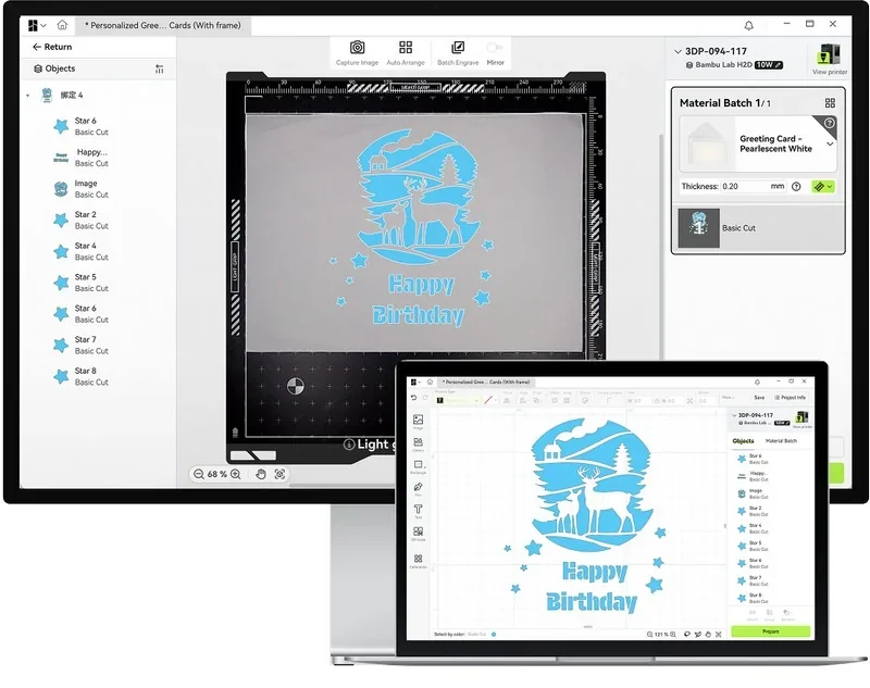 Bambu H2D interface showcasing birthday card design elements on a computer screen. Design includes deer and woodland theme with text "Happy Birthday".