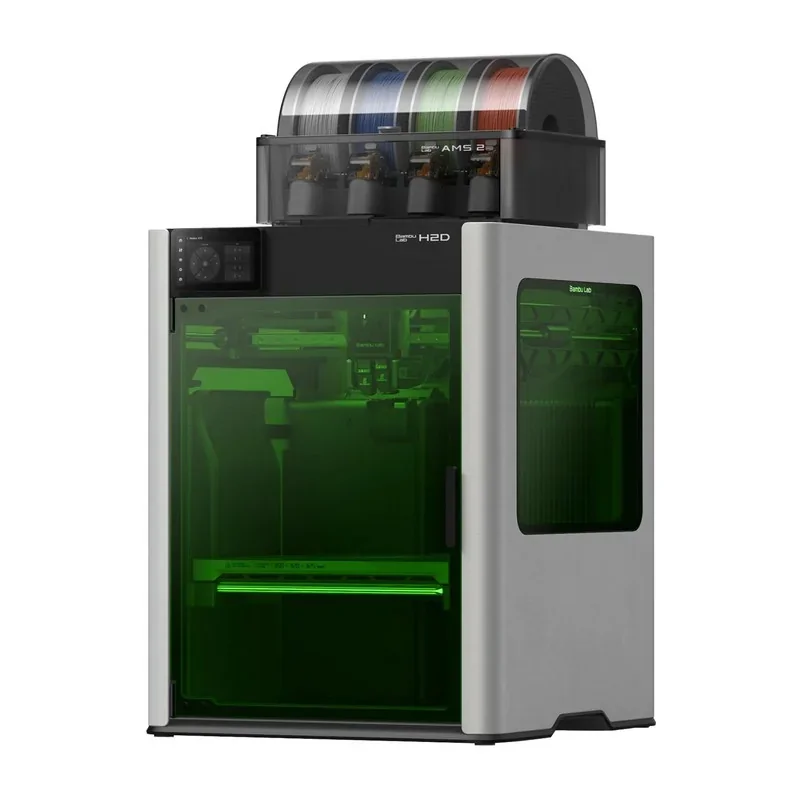 Bambu H2D 3D printer with transparent green panel, multi-color filament feeder on top, and visible internal mechanical components.