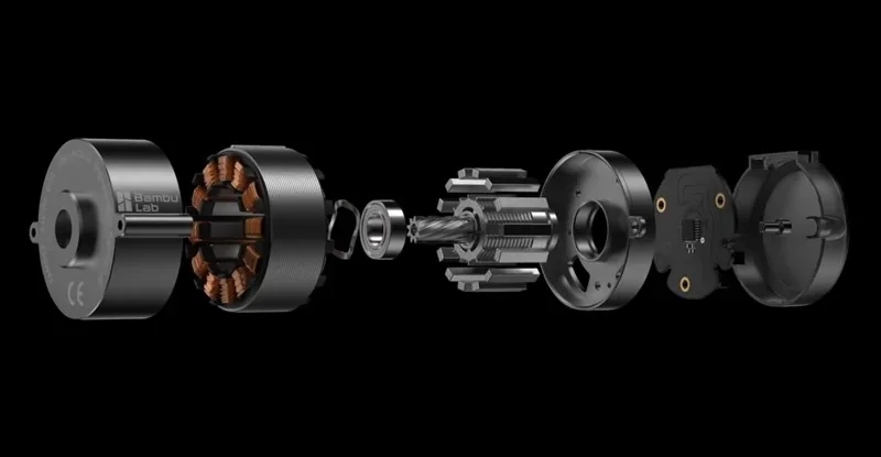 Exploded view of Bambu H2D motor with visible components on a black background, showcasing intricate design and Bambu Lab branding.