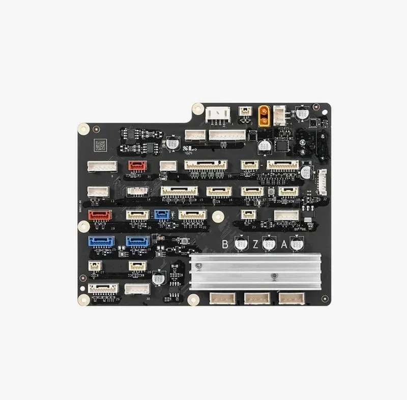 Bambu H2D 3D printer circuit board with ports, connectors, and components on a black PCB, showcasing its technical design and layout.