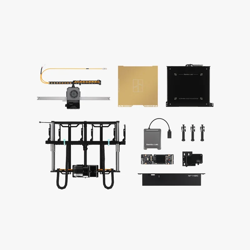 Components of the Bambu H2D 3D printer shown: frame, motors, electronics, and build plates, laid out on a white background.