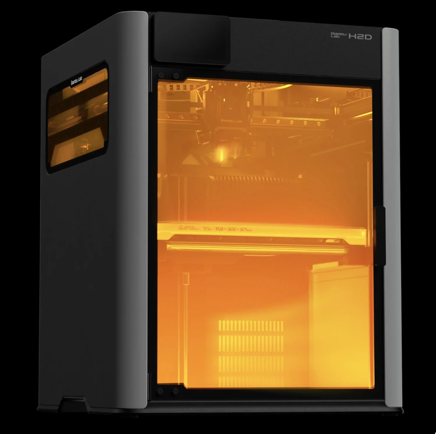 Bambu H2D 3D printer with transparent orange enclosure, displaying internal mechanisms, made by Bambu Lab, on a black background.