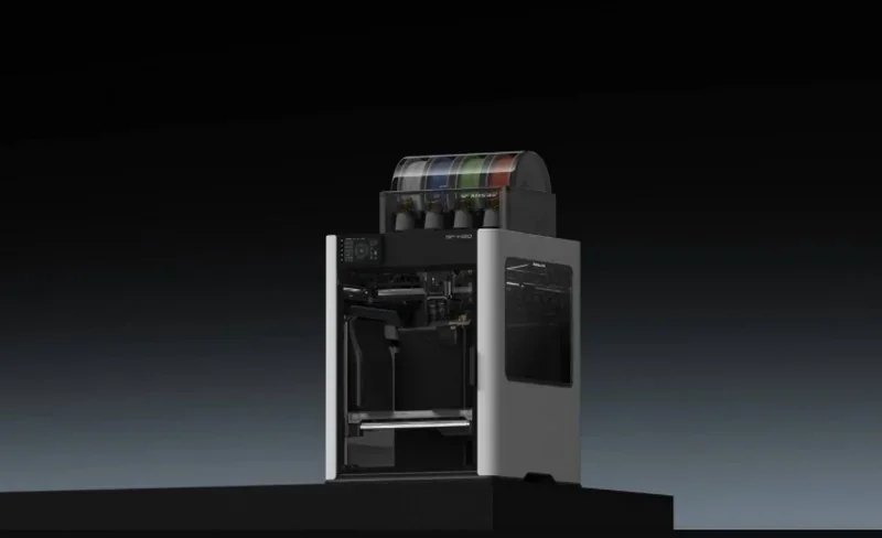 Bambu H2D 3D printer with filament spools, sleek design on a dark gradient background.