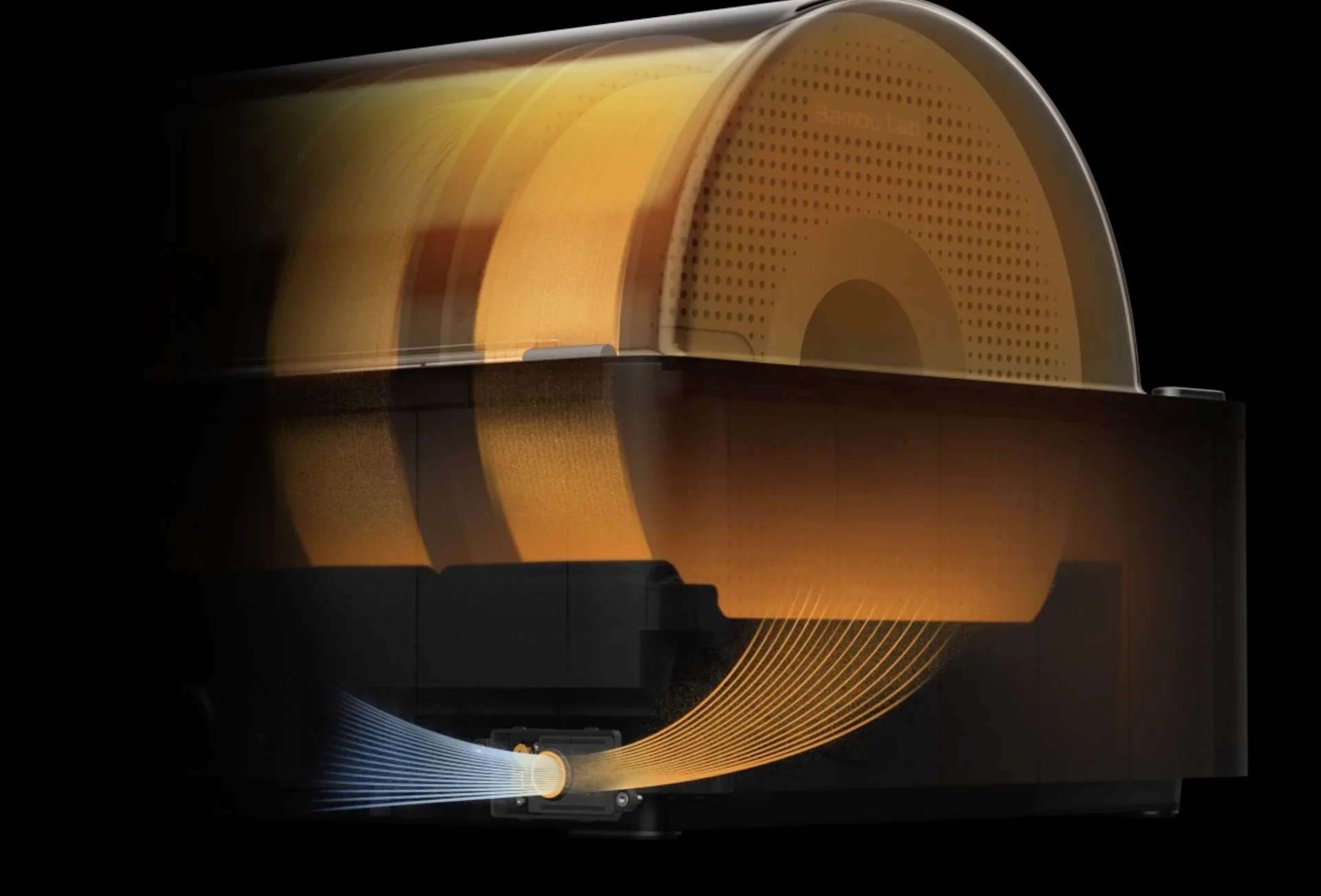 Bambu H2D 3D printer with transparent casing, showcasing filament movement and branding, set against a dark background.