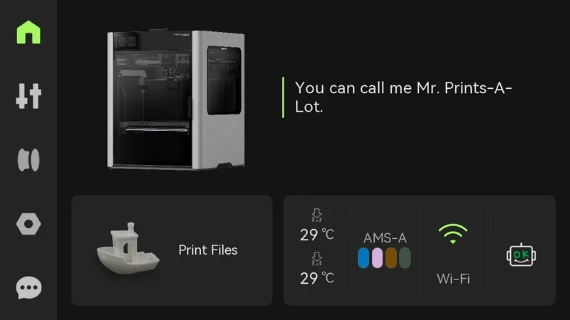 Bambu Lab H2D Pro 3D printer interface shows a model and print file with temperature, filament, Wi-Fi status, labeled "Mr. Prints-A-Lot."