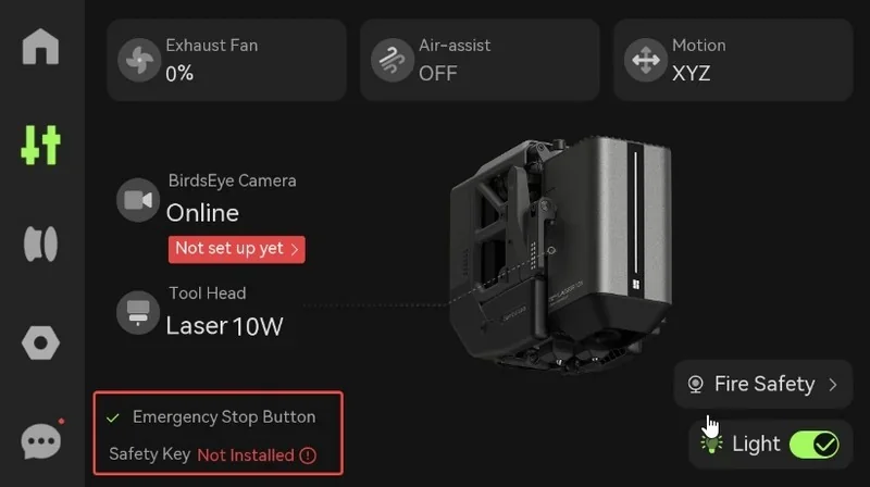 Bambu Lab H2D Pro interface showing settings and status, including laser tool head and safety features. Emergency stop button active.