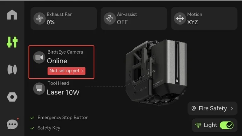 Bambu Lab H2D Pro interface with laser tool head, online camera status, exhaust fan at 0%, air-assist off, and safety features highlighted.
