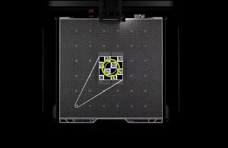 Bambu Lab H2D Pro print bed with grid pattern, calibration marks, and highlighted section for precision 3D printing setup.