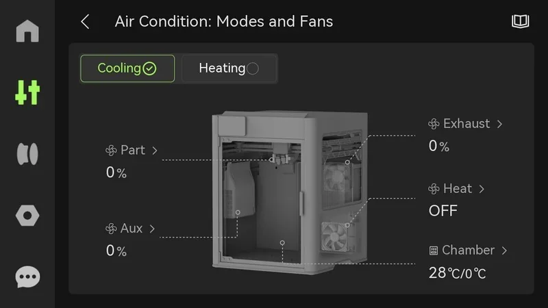 Bambu Lab H2D Pro 3D printer control panel with air condition status, modes, and fan settings. Cooling active, heat off, chamber at 28°C.
