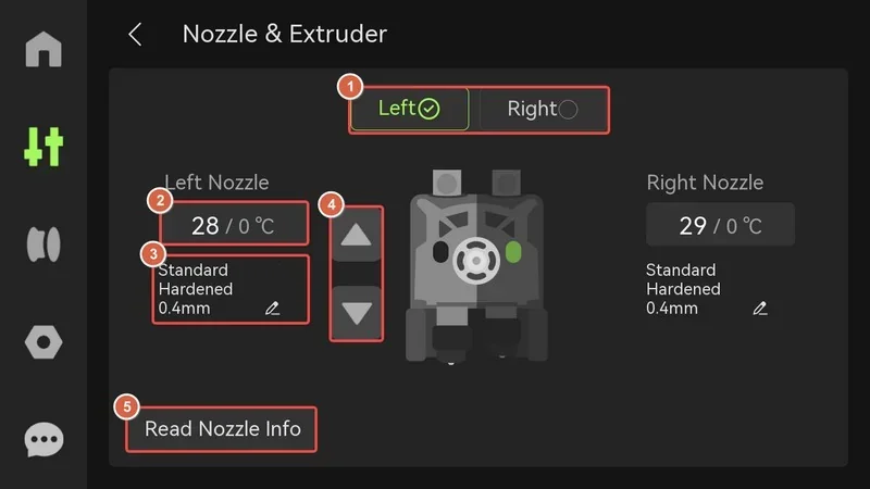 bambu lab h2d pro nozzle settings display; left: 28°C, right: 29°C; standard hardened 0.4mm nozzles; nozzle info reading option visible.