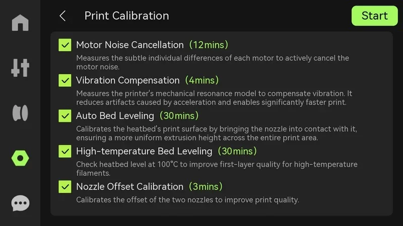 3D printer settings and calibration menu for Bambu Lab H2D Pro, showing options like motor noise cancellation and auto bed leveling, each with specified times.