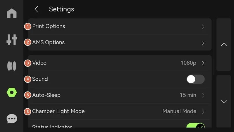Bambu Lab H2D Pro interface page showing various settings options including print options, AMS, video resolution, sound toggle, auto-sleep, and light mode.