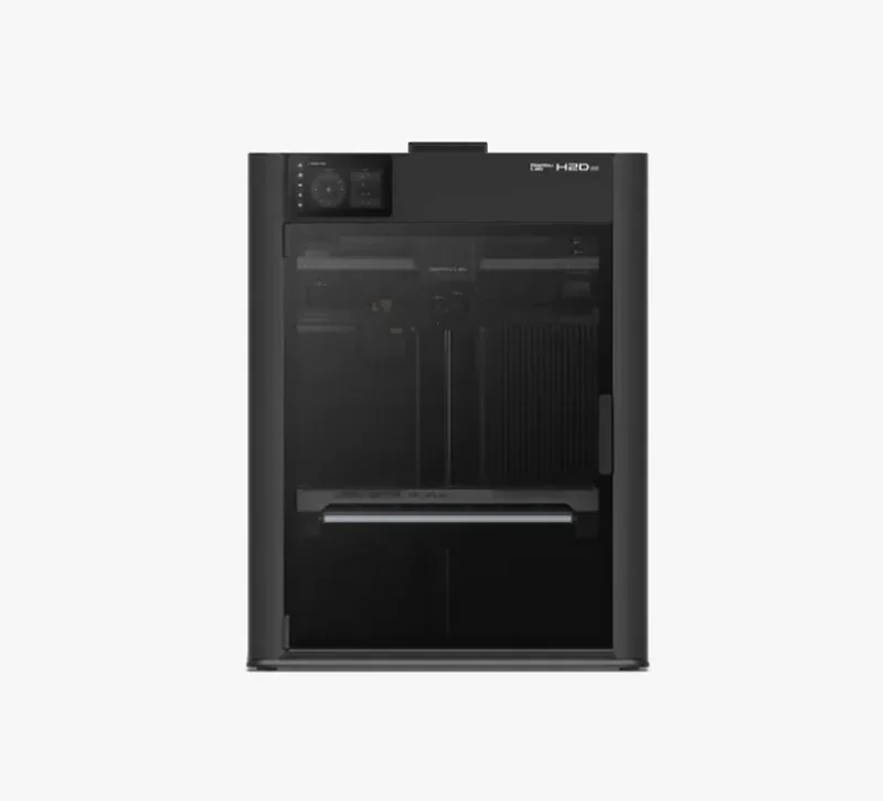 Bambu Lab H2D Pro 3D printer with sleek black design, clear front panel, controls on top, specialized for detailed, precise printing tasks.