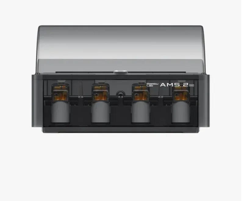 Bambu Lab AMS 2 system with four spool holders, branding visible, likely used for Bambu Lab H2D Pro 3D printer, sleek black design.