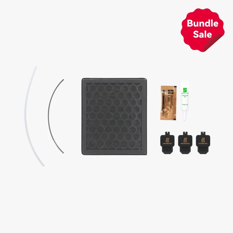 Bambu Lab H2D Pro bundle includes honeycomb filter, adhesive, cleaners, and three extrusion components for 3D printing, marked with "Bundle Sale".