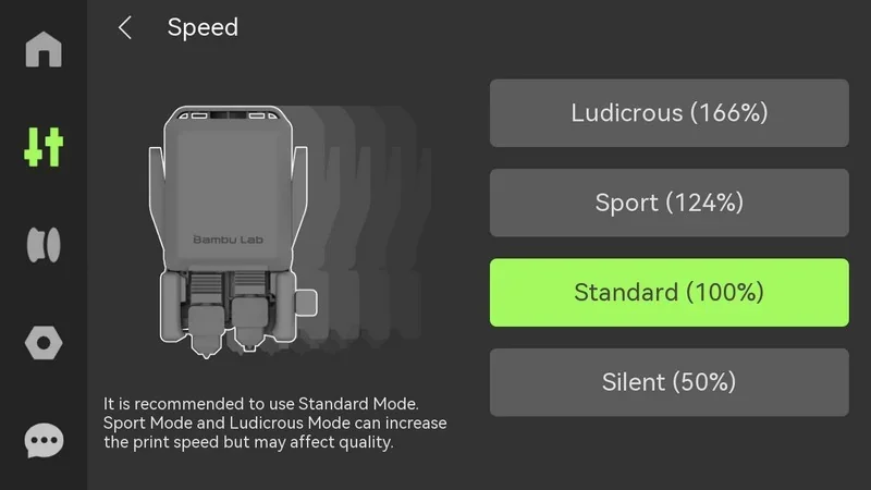 Bambu Lab H2S control panel showing speed modes: Ludicrous, Sport, Standard, and Silent. Standard mode highlighted for balanced print quality and speed.
