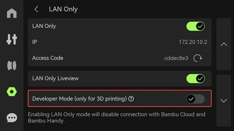 Settings menu for Bambu Lab H2S 3D printer showing LAN-only mode, IP address, access code, and developer mode options in a dark interface.