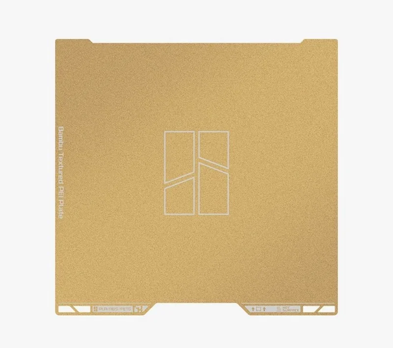 Bambu Lab H2S textured PEI plate for 3D printing, featuring a gold surface and logo, designed for optimal print adhesion and durability.