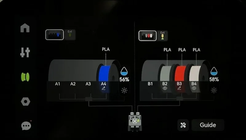 Bambu Lab H2S display with filament spools A1-A4 and B1-B4, showing PLA levels and status indicators.