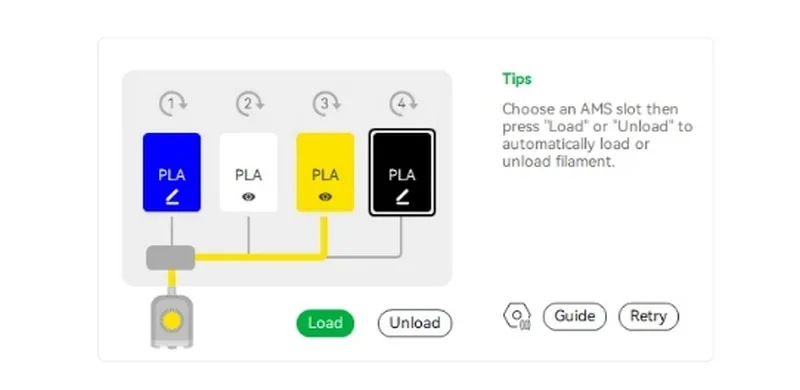Bambu Lab H2S filament loading guide with diagrams showing blue, white, yellow, black PLA samples. Text tips for automatic loading/unloading appear.