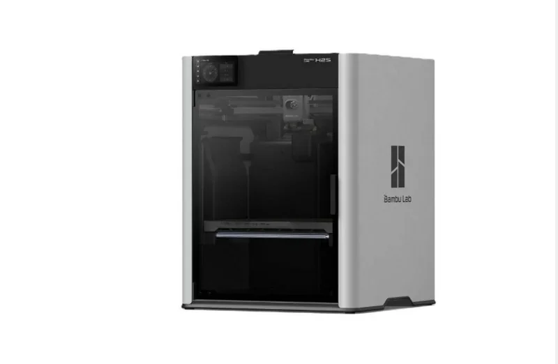 Bambu Lab H2S 3D printer with sleek design, transparent front panel, branded logo, capable of creating detailed parts, set against a white background.