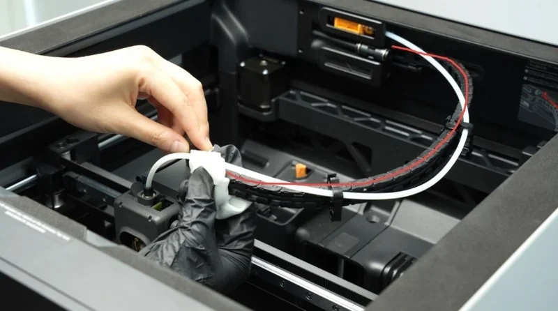 Hand adjusting cable inside Bambu Lab H2S 3D printer, with visible interior components, highlighting technical precision and design.