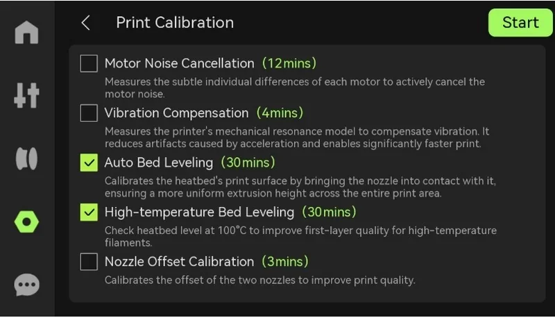 Bambu Lab H2S printer interface shows print calibration settings, including motor noise cancellation, vibration compensation, and bed leveling options.