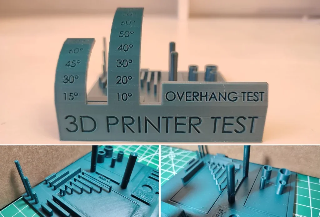 Bambu Lab X1 3D printer overhang test parts shown, featuring angled degree measurements and printed structures on a green cutting mat.